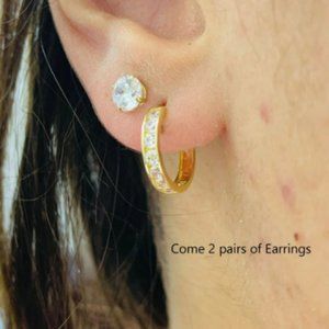 2 Pairs Earrings Stud Huggies Hoop Earrings for WOMENS 10K Yellow Gold CZ Stones